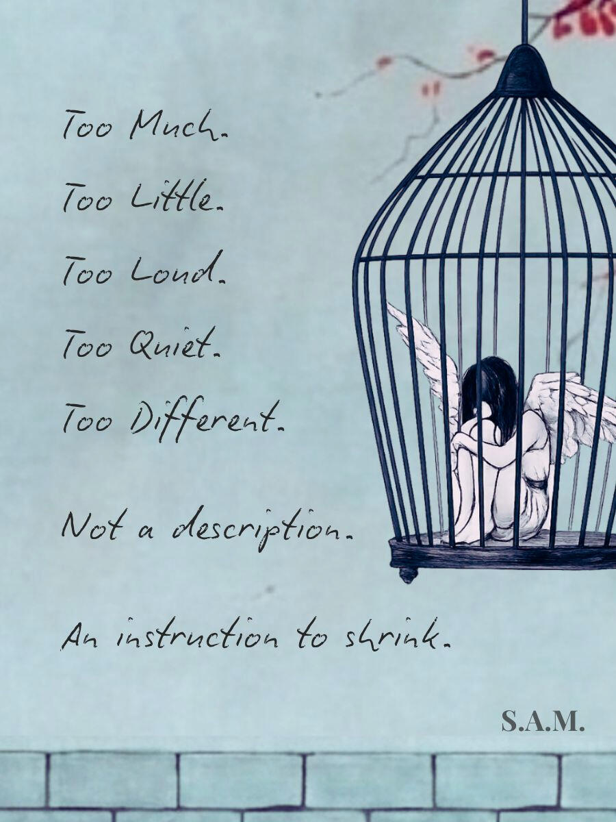 Illustration of a winged figure curled inside a birdcage with handwritten text about feeling too much and too loud; a visual representation of the pressure on highly sensitive people to shrink.