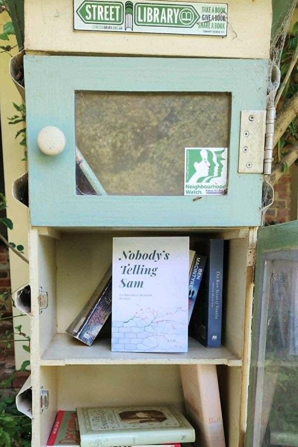 The book 'Nobody’s Telling Sam' by S.A.M., in a Fremantle street library. The book 'Nobody’s Telling Sam' by S.A.M., in a Fremantle street library.