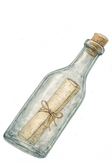 A watercolor illustration of a clear glass bottle floating at a slight angle against a white background. Inside the bottle is a rolled parchment scroll tied with a small twine bow, sealed with a cork at the top.
