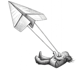 A black and white ink sketch of a person riding a swing attached to a large paper airplane folded from newspaper print, gliding through an empty white space.